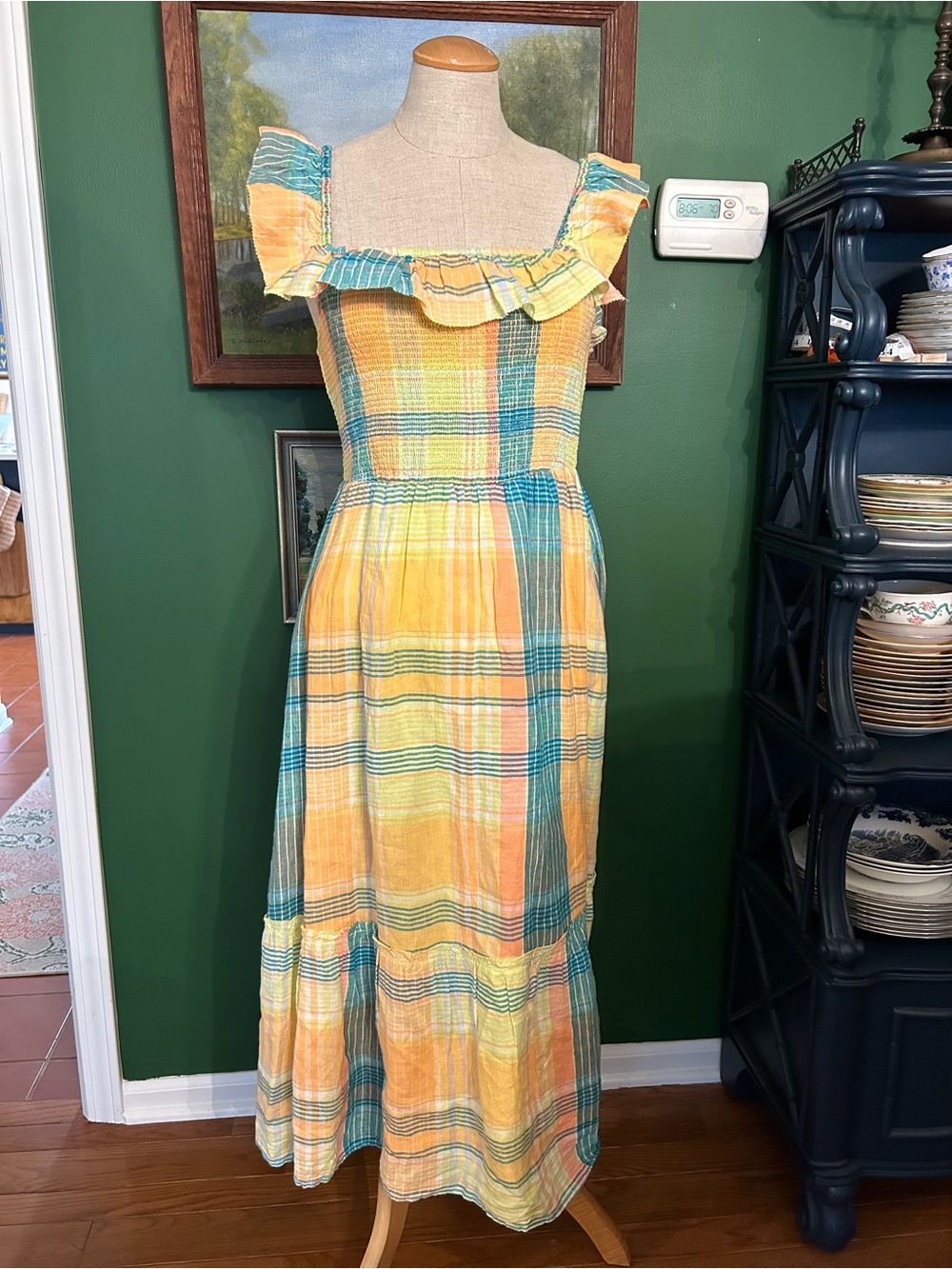 Vineyard Vines Yellow and Teal Plaid Midi Dress